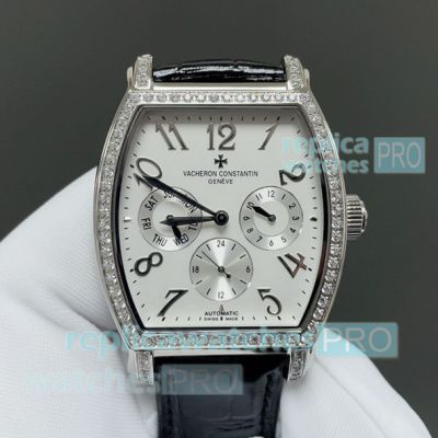Swiss 9100 Clone Vacheron Constantin Malta Silver Diamond Arabic Dial Watch 